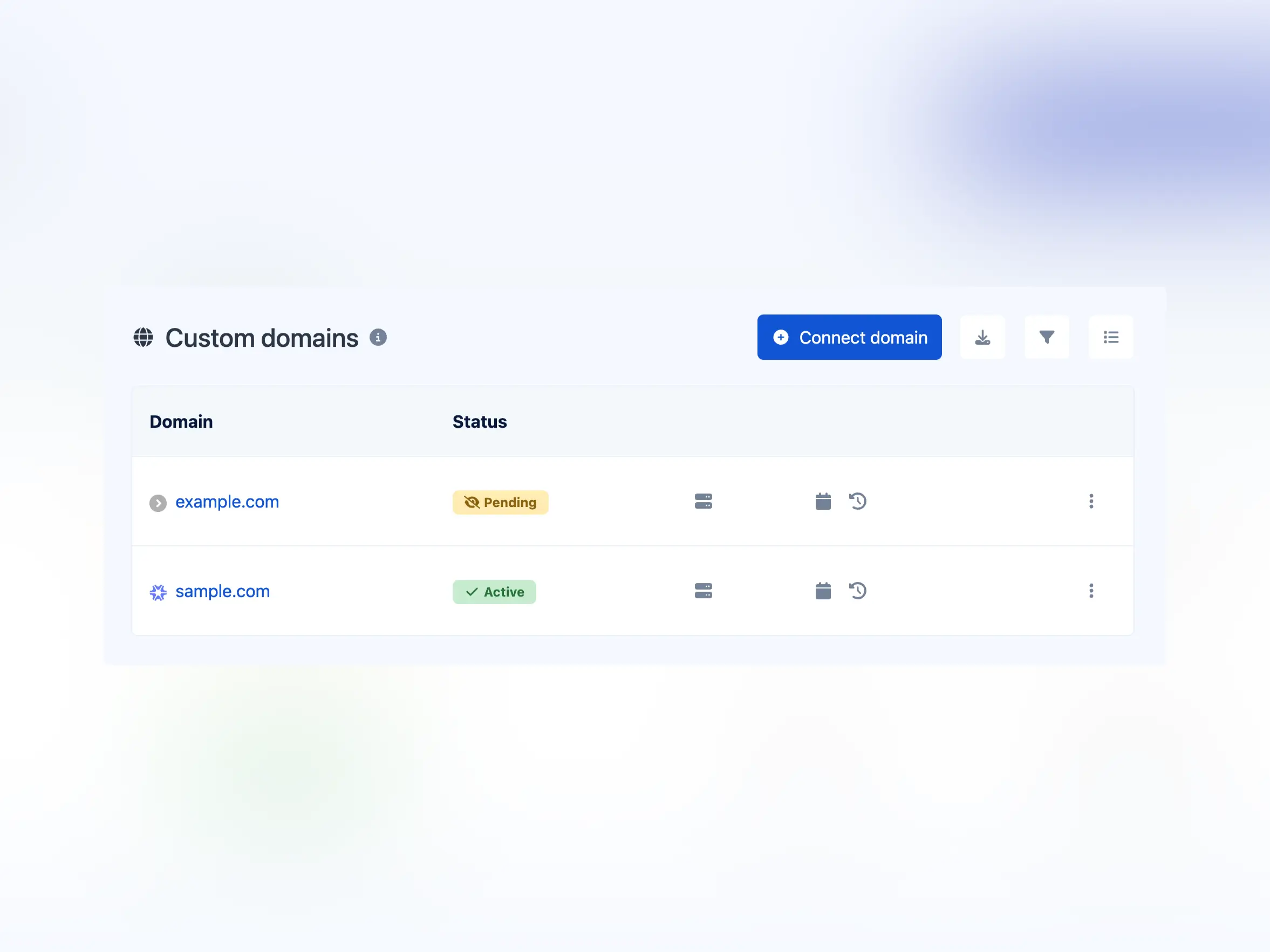 Captură de ecran a paginii de domenii personalizate a aplicației
