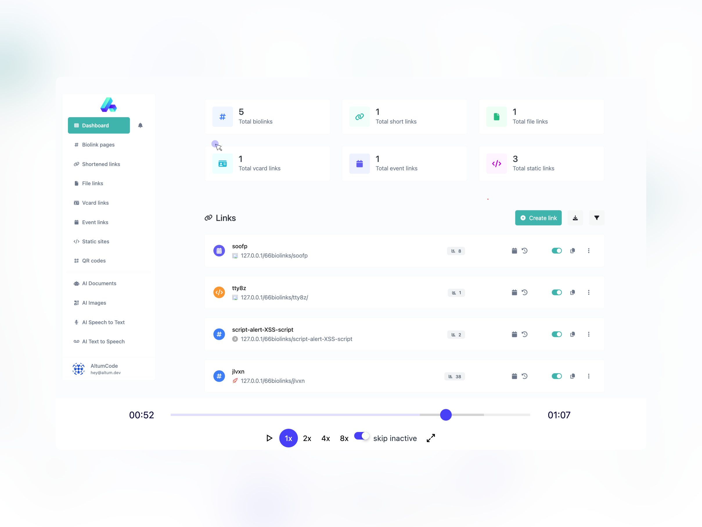 Captură de ecran a paginii de redare a sesiunii aplicației