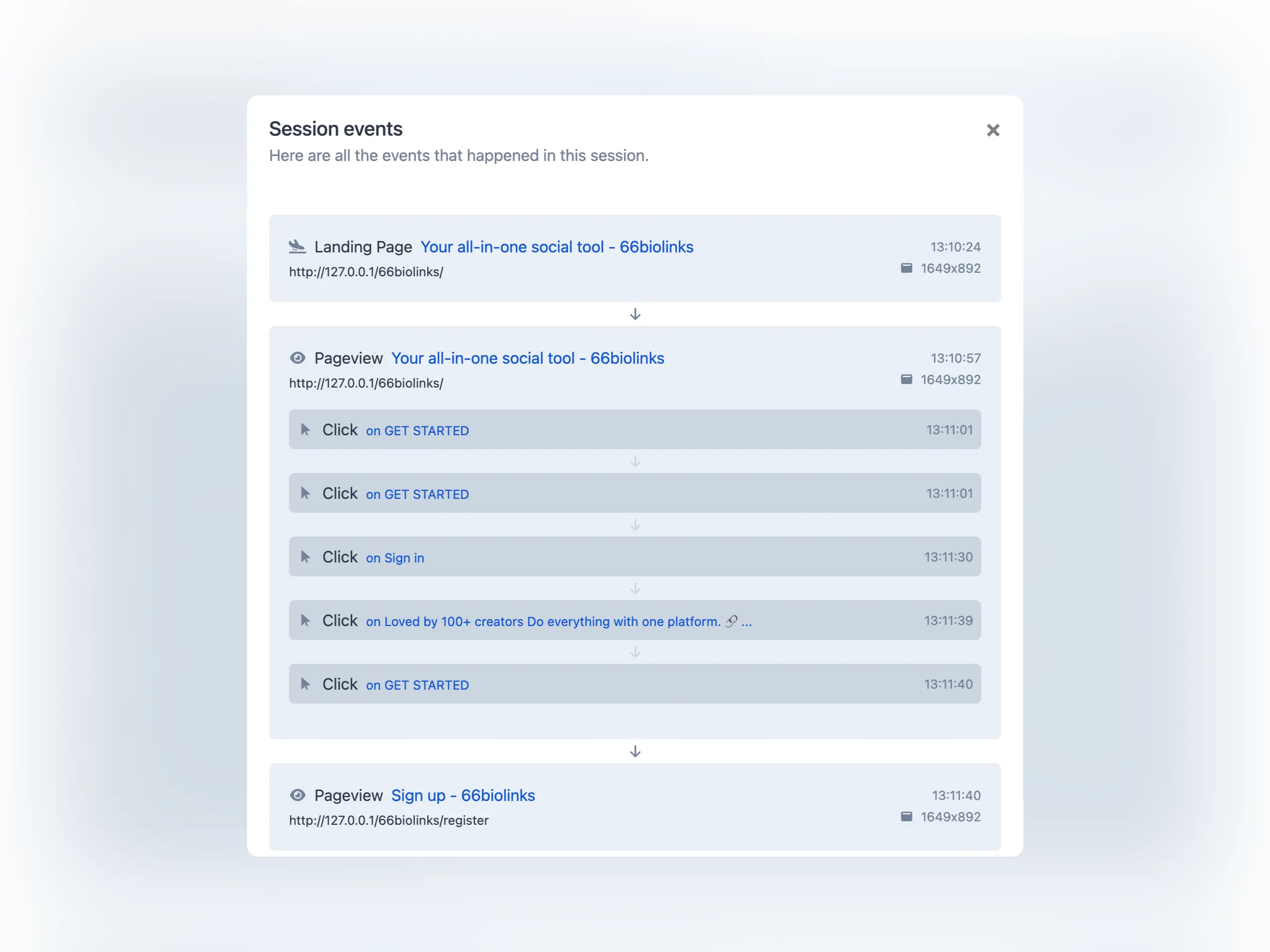 Captură de ecran a paginii cu lista de evenimente a vizitatorilor aplicației