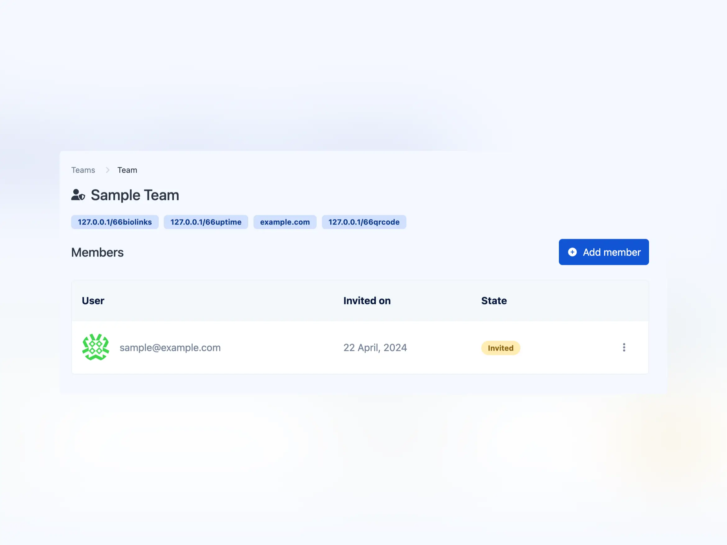 Captură de ecran a paginii de echipe a aplicației